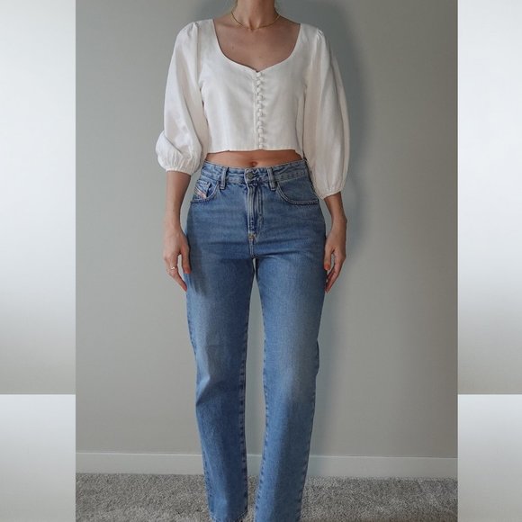 BSL Tops - BSL White Puff Sleeve Sweetheart Neck Shirt Size L